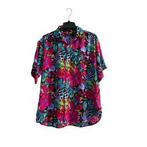 vintage no justice Shirt Mens Brown Hawaiian Floral Linen Blend Button Down sz L